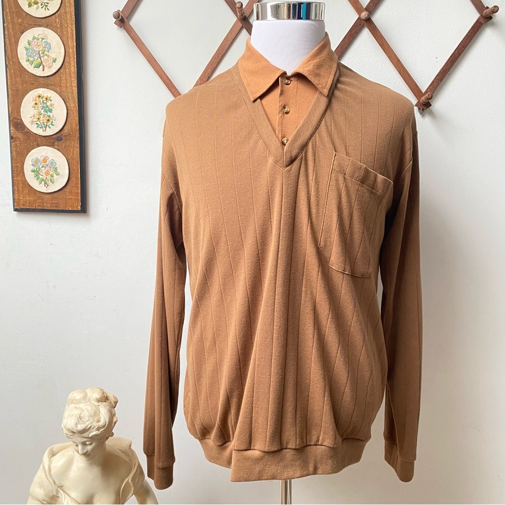 Vintage Tan Collared Ribbed Knit Sweater Shirt Large